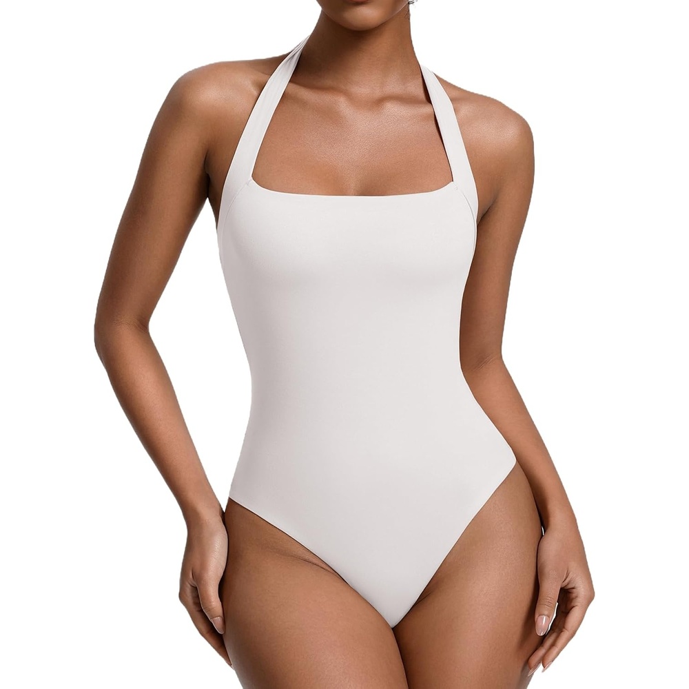 image:imageAvidlove Womens Square Neck Halter Bodysuit Sleeveless Double Lined Body Suits Going Out Tops Thong BodysuitWhite