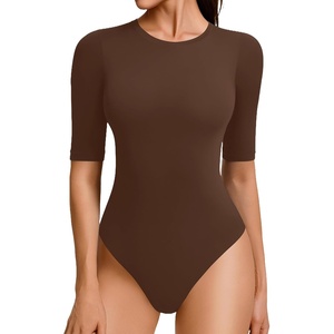 Avidlove BodySuits for Women Half Sleeve Crew Neck Bodysuit 3/4 Sleeve Body Suit Slim Fit Going Out Tops(Brown)
