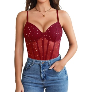 Avidlove Bodysuits for Women Sheer Thong Body Suit Mesh One Piece Sparkle Leotard Shirt Going Out Tops Concert Outfits S-XXL(Wine Red)