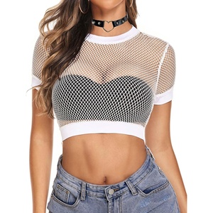 Avidlove Fishnet Crop Top for Women Y2K Short Sleeve See Through Shirt O Neck Pullover Blouse(White)