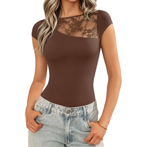 Avidlove Lace Bodysuits for Women Short Sleeve Crew Neck Body Suits One Piece Summer T Shirts Bodysuits Tops Date Outfits(Brown)