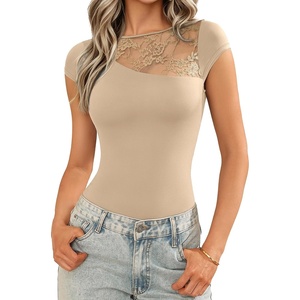 Avidlove Lace Bodysuits for Women Short Sleeve Crew Neck Body Suits One Piece Summer T Shirts Bodysuits Tops Date Outfits(Nude)