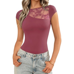 Avidlove Lace Bodysuits for Women Short Sleeve Crew Neck Body Suits One Piece Summer T Shirts Bodysuits Tops Date Outfits(Purple Red)
