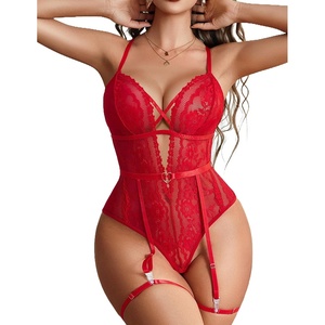 Avidlove Lingerie for Women Lace Babydoll Bodysuit Garter Belt Lingerie Set Rave Outfits S-XXL(Red)