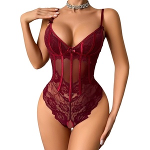 Avidlove Lingerie for Women Lace Bodysuit V Neck Body Suits One Piece Floral Teddy Lingeries Sexy Mesh Top Wireless Babydoll(Dark Red)