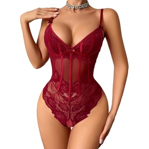 Avidlove Lingerie for Women Lace Bodysuit V Neck Body Suits One Piece Floral Teddy Lingeries Sexy Mesh Top Wireless Babydoll(Wine Red)