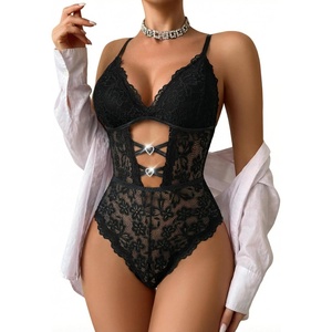 Avidlove Lingerie for Women Sexy Lace Bodysuit with Chain V Teddy Lingerie Rhinestone Cut Out One Piece Babydoll Nightgown(Black)