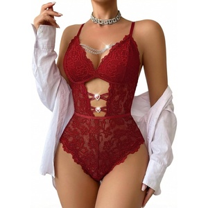 Avidlove Lingerie for Women Sexy Lace Bodysuit with Chain V Teddy Lingerie Rhinestone Cut Out One Piece Babydoll Nightgown(Deep Red)