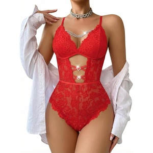 Avidlove Lingerie for Women Sexy Lace Bodysuit with Chain V Teddy Lingerie Rhinestone Cut Out One Piece Babydoll Nightgown(Red)