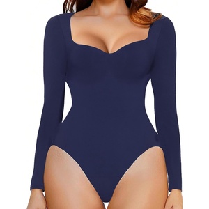 Avidlove Long Sleeve Bodysuits for Women Sexy Sweetheart Neck Going Out Outfits Double Lined Bodysuit(Navy Blue)