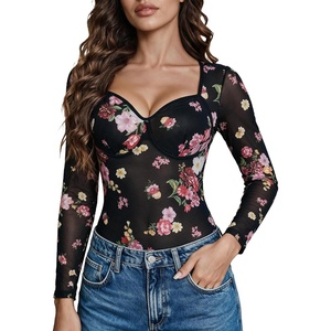 Avidlove Mesh Bodysuit Long Sleeve V Neck Leopard Print Going Out Tops Sheer Rave Outfits Clubwear Snap Crotch S-XXL(B-floral)