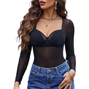 Avidlove Mesh Bodysuit Long Sleeve V Neck Leopard Print Going Out Tops Sheer Rave Outfits Clubwear Snap Crotch S-XXL(Black)