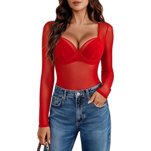 Avidlove Mesh Bodysuit Long Sleeve V Neck Leopard Print Going Out Tops Sheer Rave Outfits Clubwear Snap Crotch S-XXL(Bright Red)
