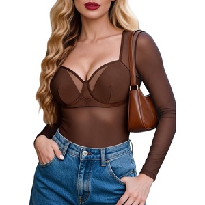 Avidlove Mesh Bodysuit Long Sleeve V Neck Leopard Print Going Out Tops Sheer Rave Outfits Clubwear Snap Crotch S-XXL(Brown)