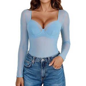 Avidlove Mesh Bodysuit Long Sleeve V Neck Leopard Print Going Out Tops Sheer Rave Outfits Clubwear Snap Crotch S-XXL(Light Blue)