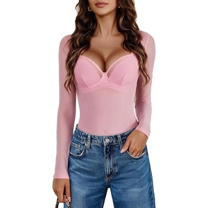 Avidlove Mesh Bodysuit Long Sleeve V Neck Leopard Print Going Out Tops Sheer Rave Outfits Clubwear Snap Crotch S-XXL(Pink)