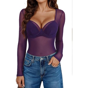Avidlove Mesh Bodysuit Long Sleeve V Neck Leopard Print Going Out Tops Sheer Rave Outfits Clubwear Snap Crotch S-XXL(Purple)