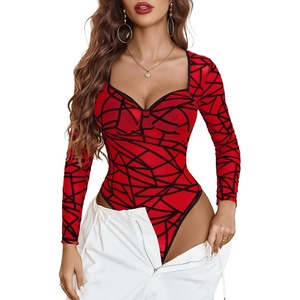 Avidlove Mesh Bodysuit Long Sleeve V Neck Leopard Print Going Out Tops Sheer Rave Outfits Clubwear Snap Crotch S-XXL(Red)