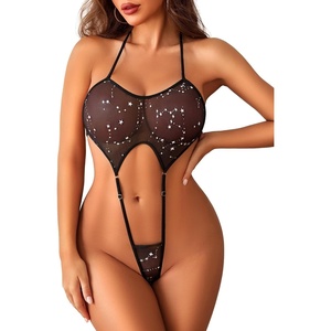 Avidlove Mesh Bodysuit for Women Halter Straps Sexy Lingerie One Piece Sheer Babydoll Top Outfits(Constellation)