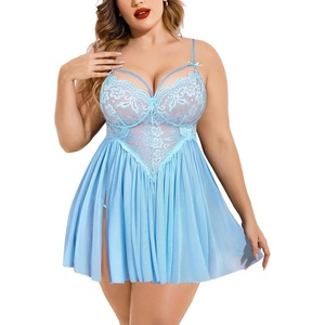 Avidlove Plus Size Lingerie Lace Babydoll Womens Strap Chemise Nightgown V Neck Nighty Mesh Sleepwear Side Slit Nightdress(Baby Blue)