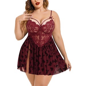 Avidlove Plus Size Lingerie Lace Babydoll Womens Strap Chemise Nightgown V Neck Nighty Mesh Sleepwear Side Slit Nightdress(Burgundy Butterfly)