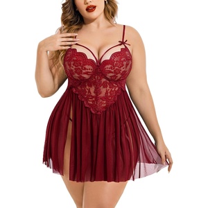Avidlove Plus Size Lingerie Lace Babydoll Womens Strap Chemise Nightgown V Neck Nighty Mesh Sleepwear Side Slit Nightdress(Dark Red)