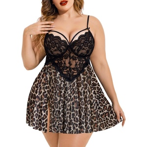 Avidlove Plus Size Lingerie Lace Babydoll Womens Strap Chemise Nightgown V Neck Nighty Mesh Sleepwear Side Slit Nightdress(Leopard)