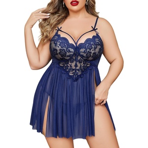 Avidlove Plus Size Lingerie Lace Babydoll Womens Strap Chemise Nightgown V Neck Nighty Mesh Sleepwear Side Slit Nightdress(Navy Blue)