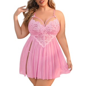 Avidlove Plus Size Lingerie Lace Babydoll Womens Strap Chemise Nightgown V Neck Nighty Mesh Sleepwear Side Slit Nightdress(Pink)