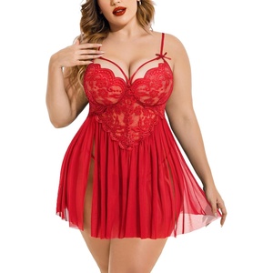 Avidlove Plus Size Lingerie Lace Babydoll Womens Strap Chemise Nightgown V Neck Nighty Mesh Sleepwear Side Slit Nightdress(Red)