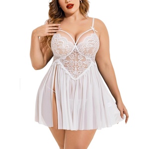 Avidlove Plus Size Lingerie Lace Babydoll Womens Strap Chemise Nightgown V Neck Nighty Mesh Sleepwear Side Slit Nightdress(White)