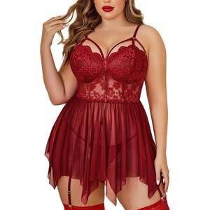 Avidlove Plus Size Lingerie Mesh Lace Babydoll Exotic Nightgowns | Soft and stretchy lace fabric,wireless floral cups,adjustable straps,curvy girl lingerie,sexy outfits honeymoon nightwear(Wine Red)