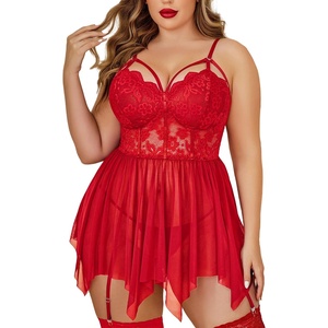 Avidlove Plus Size Lingerie Mesh Lace Babydoll Exotic Nightgowns | Soft and stretchy lace fabric,wireless floral cups,adjustable straps,curvy girl lingerie,sexy outfits honeymoon nightwear(Red)