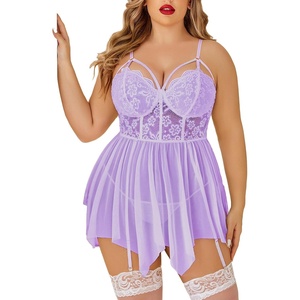 Avidlove Plus Size Lingerie Mesh Lace Babydoll Exotic Nightgowns | Soft and stretchy lace fabric,wireless floral cups,adjustable straps,curvy girl lingerie,sexy outfits honeymoon nightwear(Light Purple)