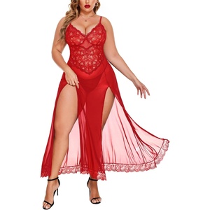 Avidlove Plus Size Lingerie for Curvy Women Long Lace Babydoll Nightdress | V neck sheer mesh nightgown,g-string included,high side slits,adjustable straps,curve-flattering fit,maternity photoshoot(Red)