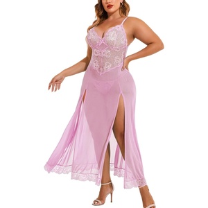 Avidlove Plus Size Lingerie for Curvy Women Long Lace Babydoll Nightdress | V neck sheer mesh nightgown,g-string included,high side slits,adjustable straps,curve-flattering fit,maternity photoshoot(Pink)