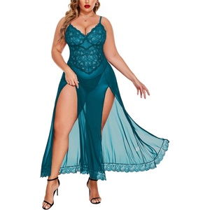 Avidlove Plus Size Lingerie for Curvy Women Long Lace Babydoll Nightdress | V neck sheer mesh nightgown,g-string included,high side slits,adjustable straps,curve-flattering fit,maternity photoshoot(Blue Green)