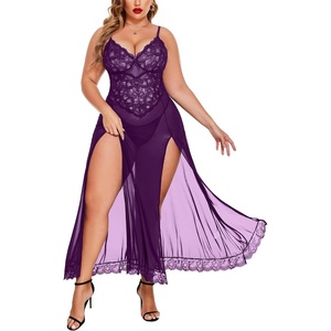 Avidlove Plus Size Lingerie for Curvy Women Long Lace Babydoll Nightdress | V neck sheer mesh nightgown,g-string included,high side slits,adjustable straps,curve-flattering fit,maternity photoshoot(Violet)