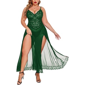 Avidlove Plus Size Lingerie for Curvy Women Long Lace Babydoll Nightdress | V neck sheer mesh nightgown,g-string included,high side slits,adjustable straps,curve-flattering fit,maternity photoshoot(Green)