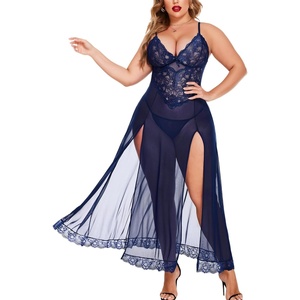 Avidlove Plus Size Lingerie for Curvy Women Long Lace Babydoll Nightdress | V neck sheer mesh nightgown,g-string included,high side slits,adjustable straps,curve-flattering fit,maternity photoshoot(Navy Blue)