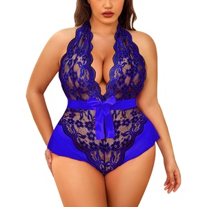 Avidlove Plus Size Lingerie for Women Halter Deep V Lace Bodysuit Teddy Sleepwear Black 18 Plus(Black Blue(plus Size))