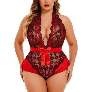 Avidlove Plus Size Lingerie for Women Halter Deep V Lace Bodysuit Teddy Sleepwear Black 18 Plus(Black Red(plus Size))