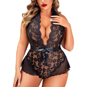 Avidlove Plus Size Lingerie for Women Halter Deep V Lace Bodysuit Teddy Sleepwear Black 18 Plus(Black(plus Size))