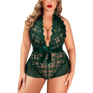Avidlove Plus Size Lingerie for Women Halter Deep V Lace Bodysuit Teddy Sleepwear Black 18 Plus(Dark Green(plus Size))