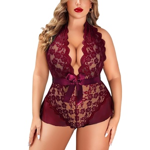 Avidlove Plus Size Lingerie for Women Halter Deep V Lace Bodysuit Teddy Sleepwear Black 18 Plus(Dark Red(plus Size))