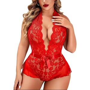 Avidlove Plus Size Lingerie for Women Halter Deep V Lace Bodysuit Teddy Sleepwear Black 18 Plus(Red(plus Size))