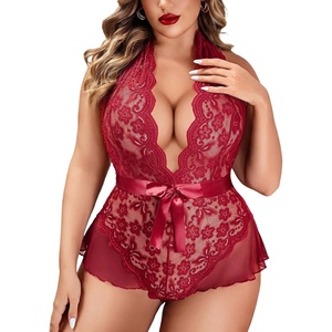 Avidlove Plus Size Lingerie for Women Halter Deep V Lace Bodysuit Teddy Sleepwear Black 18 Plus(Wine Red(plus Size))