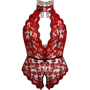 Avidlove Plus Size Lingerie for Women Lace Bodysuit Halter Teddy Babydoll Nightgown 16-24 Plus(Black&red1)