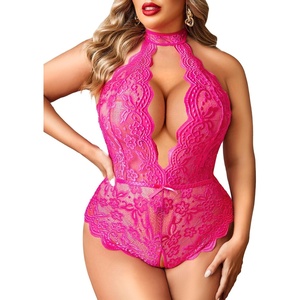Avidlove Plus Size Lingerie for Women Lace Bodysuit Halter Teddy Babydoll Nightgown 16-24 Plus(Rose Red)