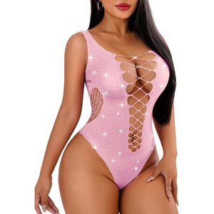 Avidlove Rhinestone Bodysuit Tops Sparkle Fishnet Lingerie Sexy Outfit for Women Mesh Body Suit Teddy Lingeries(Pink)